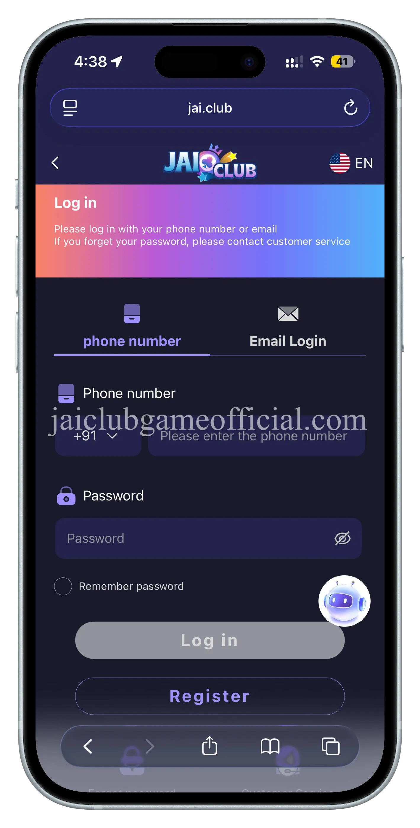 Jai Club Game login screen on mobile